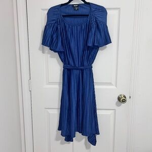DKNY Navy Pleated  Tie-Waist Flutter Sleeve Dress